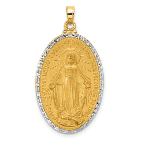 14k Multi-Tone Gold Miraculous Medal Pendant, Virgin Mary Oval with Rhodium Accent and Satin Finish