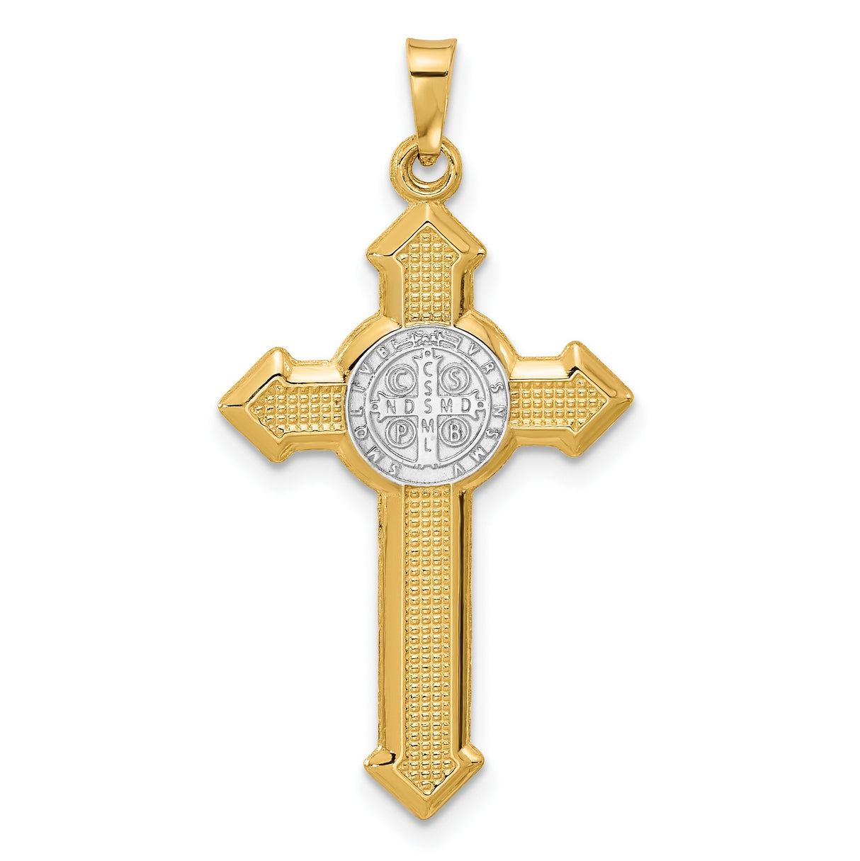 Textured Hollow Budded St Benedict Cross Charm Pendant in Real 14k Multi-Tone Gold