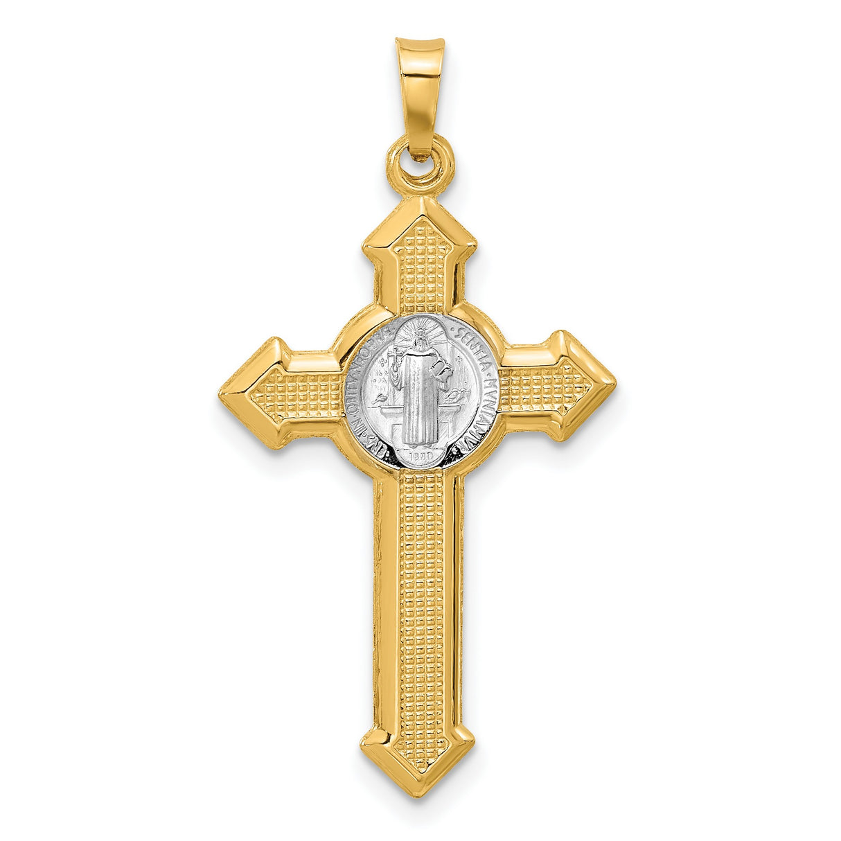 Textured Hollow Budded St Benedict Cross Charm Pendant in Real 14k Multi-Tone Gold