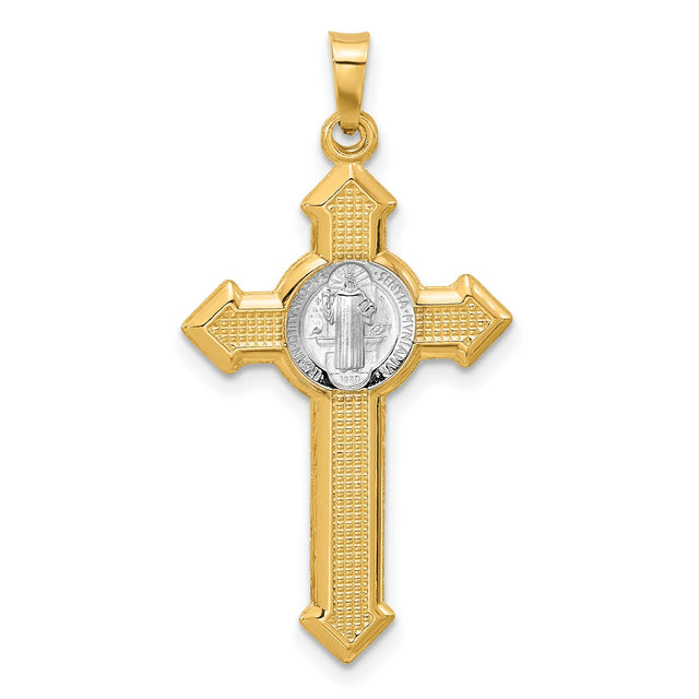 Textured Hollow Budded St Benedict Cross Charm Pendant in Real 14k Multi-Tone Gold