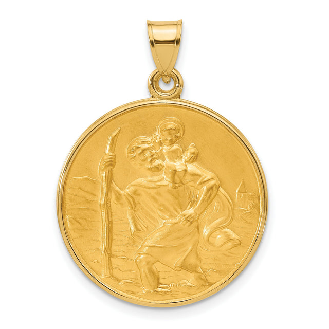 Polished and Satin Solid Saint Christopher Medal Charm Pendant in Real 14k Yellow Gold