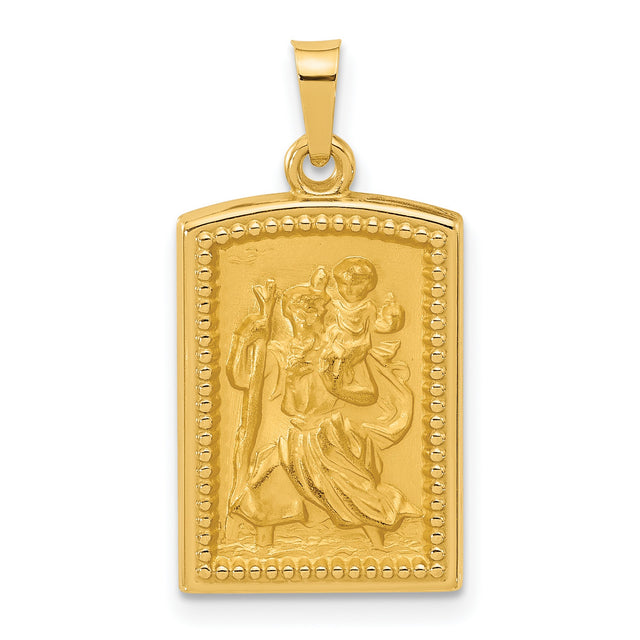 Rectangular Hollow Saint Christopher Medal Charm Pendant in Real 14k Yellow Gold