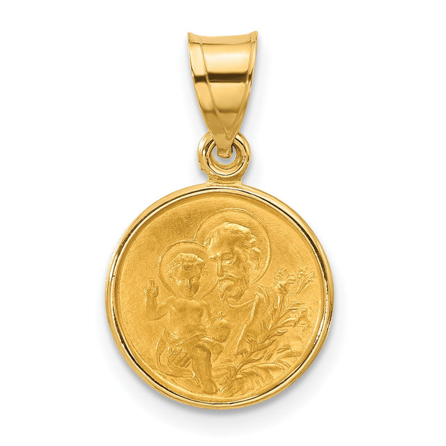 14k Yellow Gold Saint Joseph Medal Pendant with Satin Finish and Lily Symbol