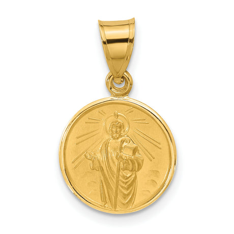 14k Yellow Gold Saint Pendant with Radiating Halo and Staff and Book Design