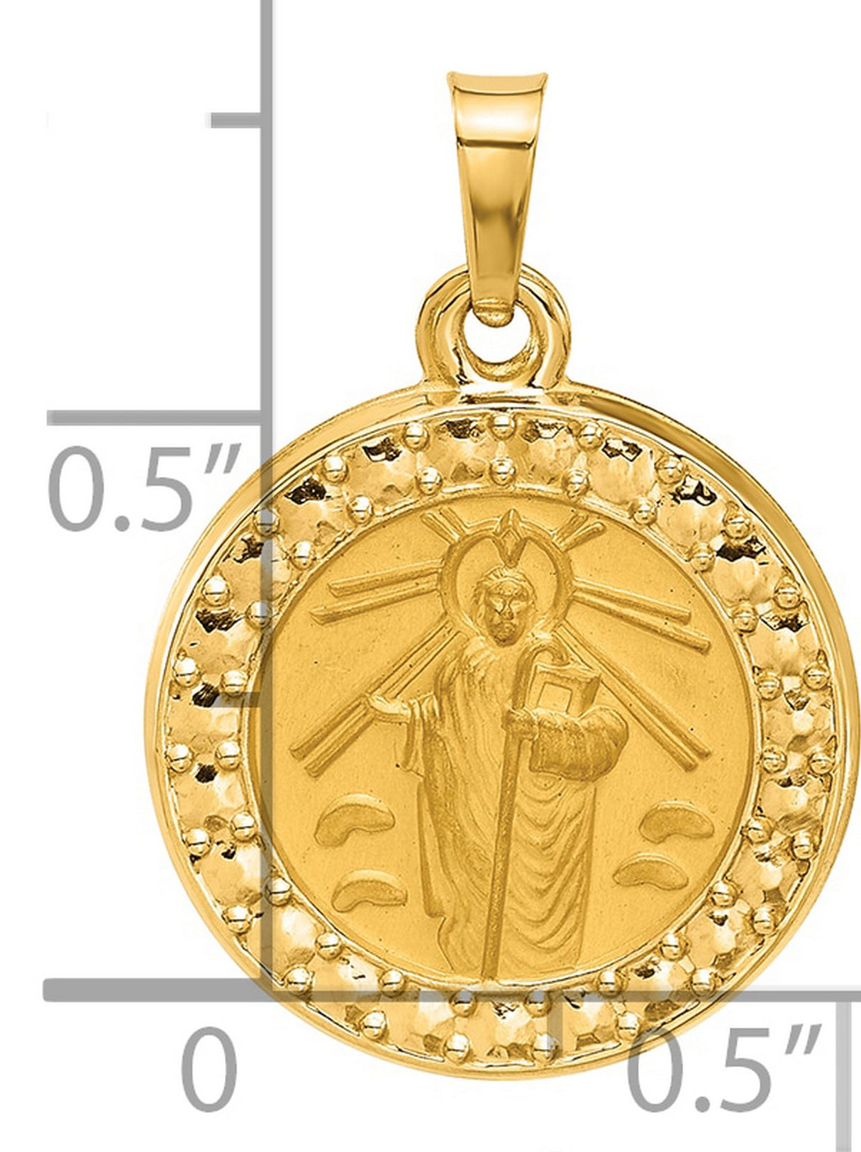 14k Yellow Gold Jesus Pendant with Radiant Halo and Staff, Christian Medallion Charm
