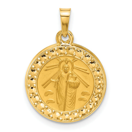 14k Yellow Gold Jesus Pendant with Radiant Halo and Staff, Christian Medallion Charm