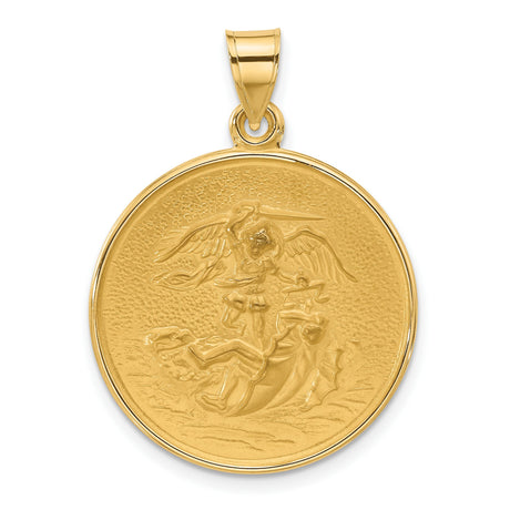 14k Yellow Gold Saint Michael Pendant, Archangel Medallion Defeating Dragon, Religious Jewelry
