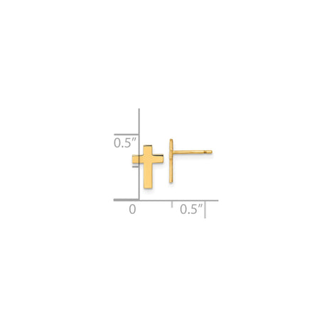 14k Yellow Gold Cross Stud Earrings, Polished Minimalist Christian Jewelry for Women and Unisex Wear