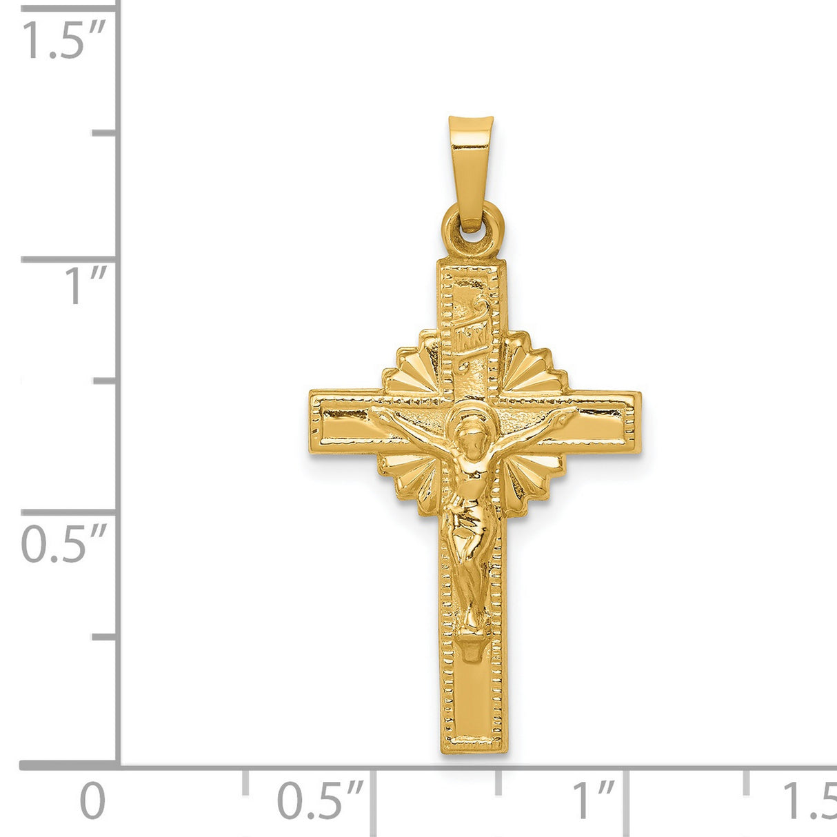 Hollow INRI Latin Crucifix With Flower Design Charm Pendant in Real 14k Yellow Gold