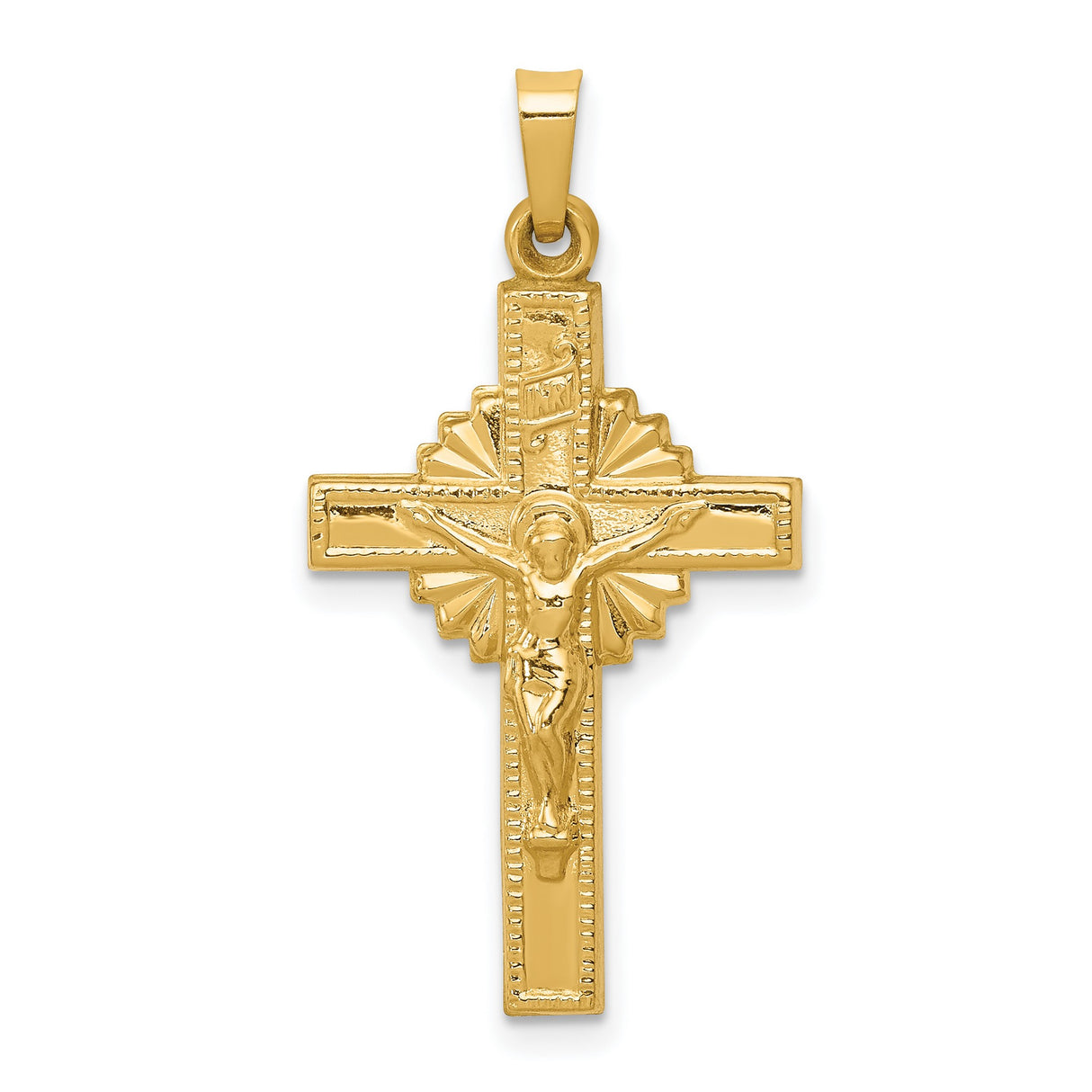 Hollow INRI Latin Crucifix With Flower Design Charm Pendant in Real 14k Yellow Gold