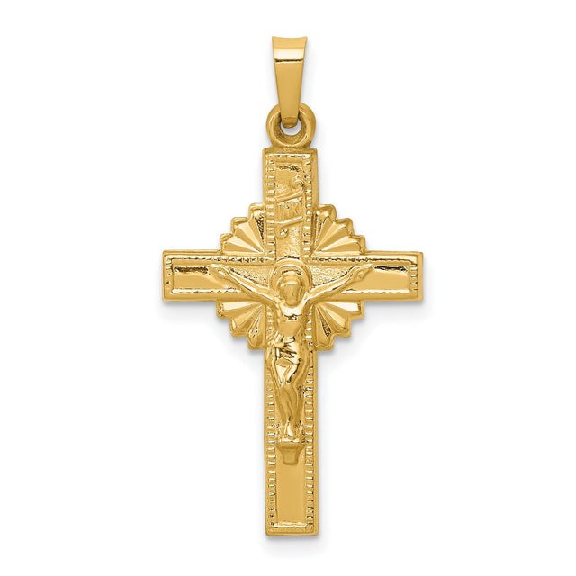 Hollow INRI Latin Crucifix With Flower Design Charm Pendant in Real 14k Yellow Gold