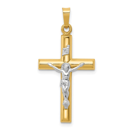 14k Two-Tone Gold Crucifix Pendant with INRI and Jesus Figure, Latin Christian Cross