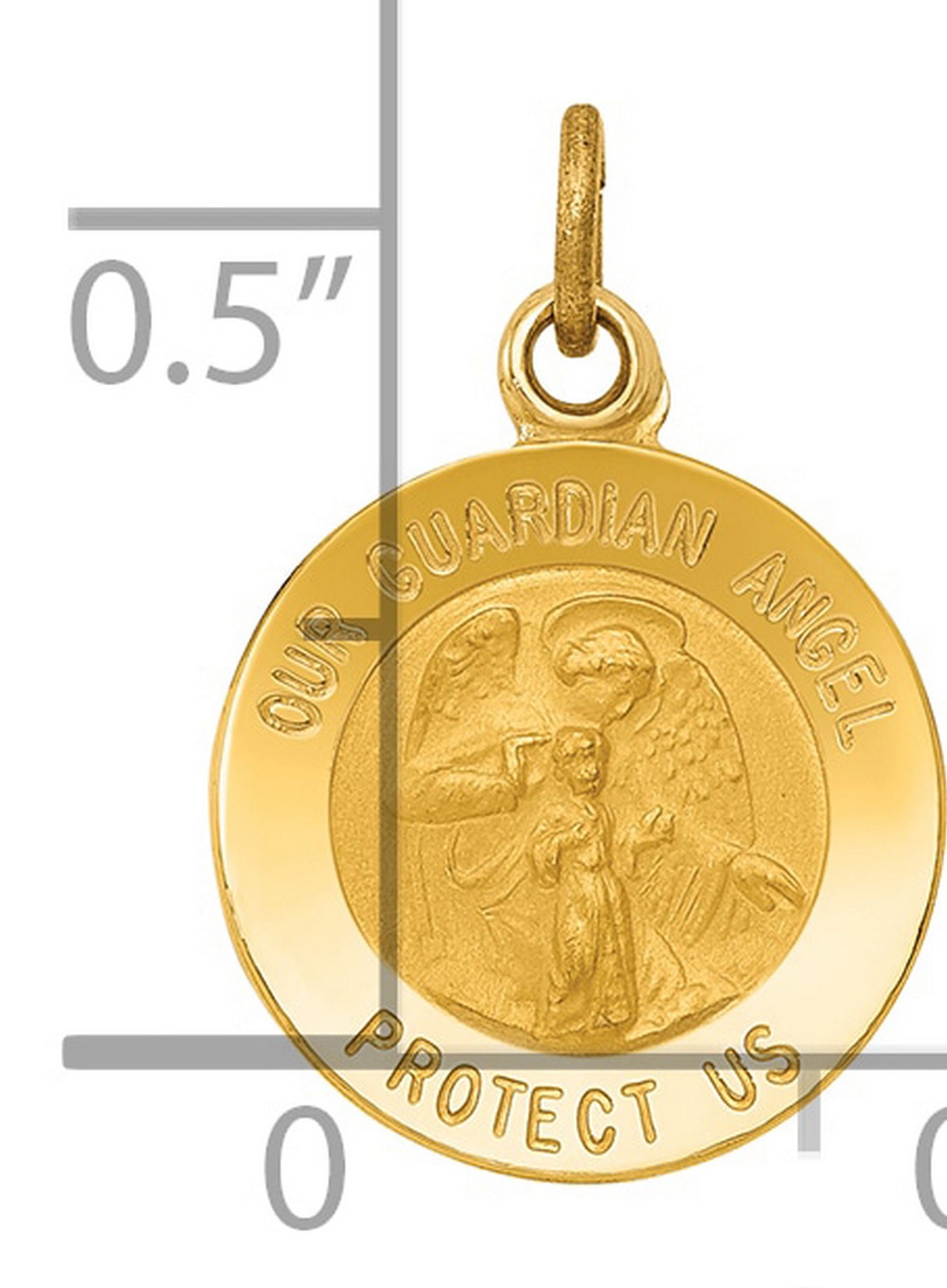 Our Guardian Angel Protect Us Words Round Medal Charm Pendant in Real 14k Yellow Gold