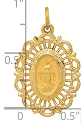 Miraculous Medal Our Lady of Graces with Words Oval Filigree Charm Pendant in Real 14k Yellow Gold