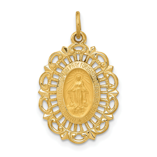 Miraculous Medal Our Lady of Graces with Words Oval Filigree Charm Pendant in Real 14k Yellow Gold