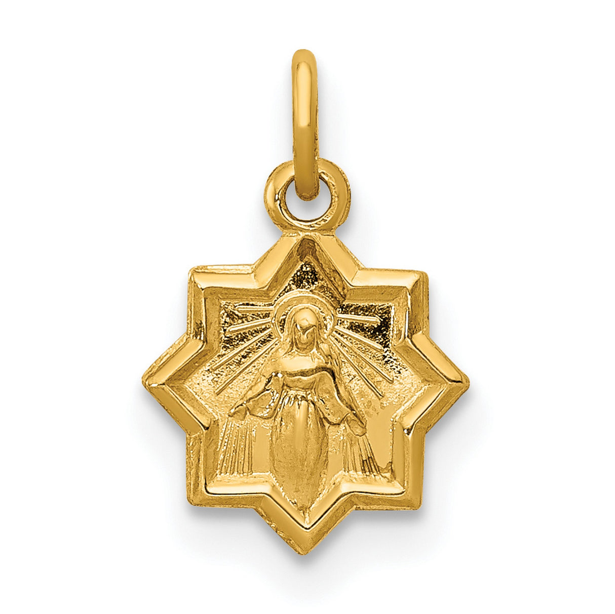 Miniature Blessed Mary Star Shaped Charm Pendant in Real 14k Yellow Gold