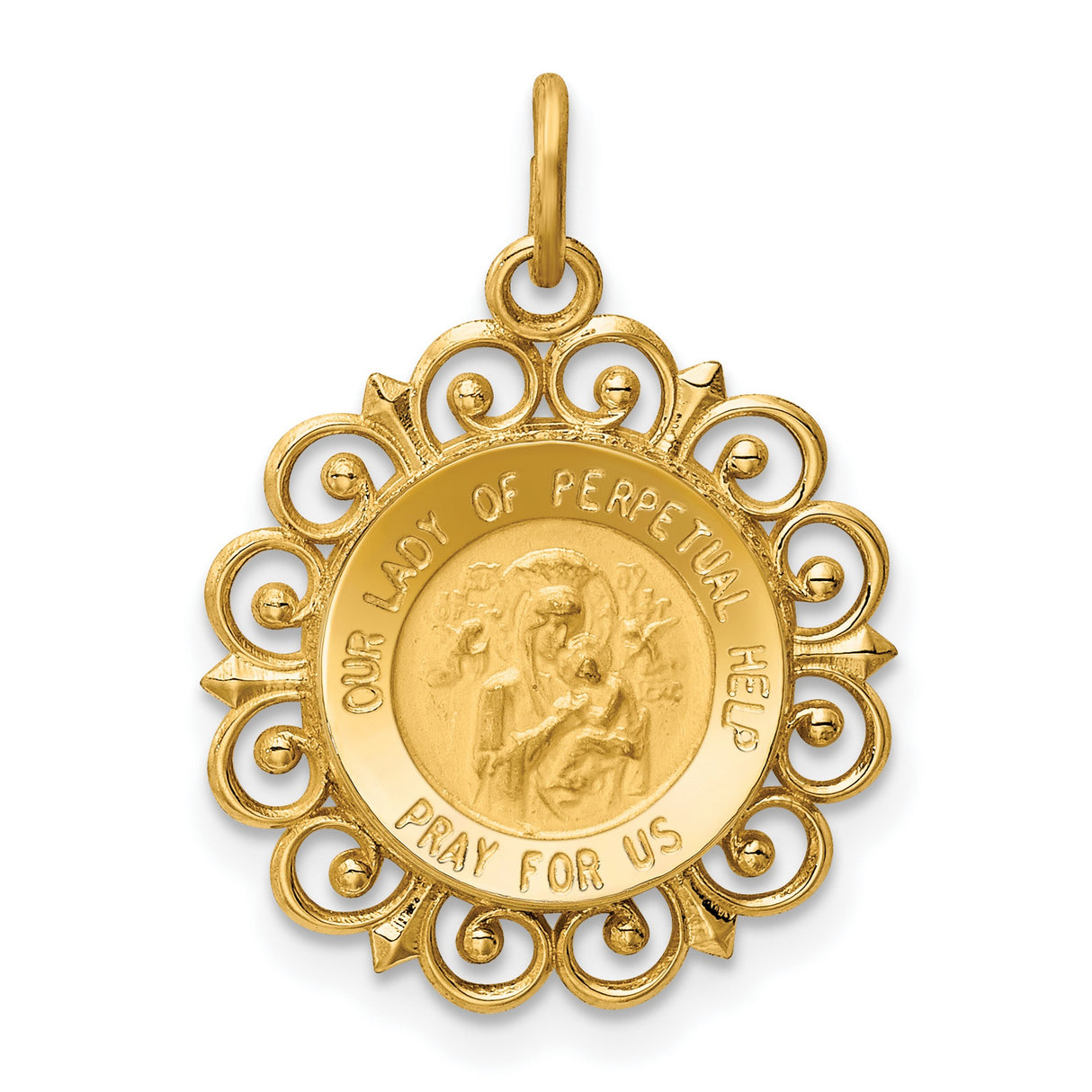 Our Lady of Perpetual Help Pray For Us Words Round Charm Pendant in Real 14k Yellow Gold