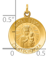 Solid Matka Boska Czestochowska Words Round Medal Charm Pendant in Real 14k Yellow Gold