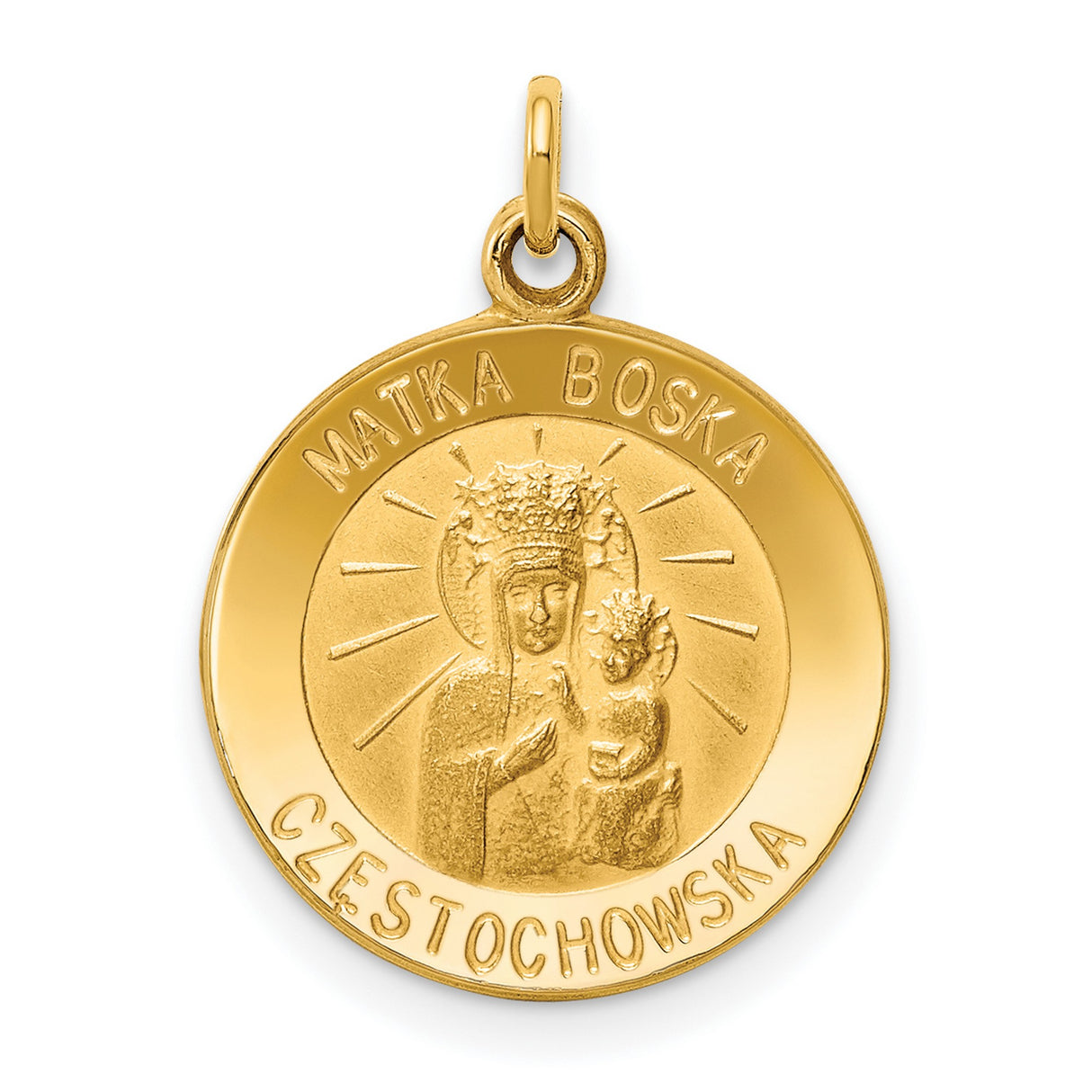 Solid Matka Boska Czestochowska Words Round Medal Charm Pendant in Real 14k Yellow Gold