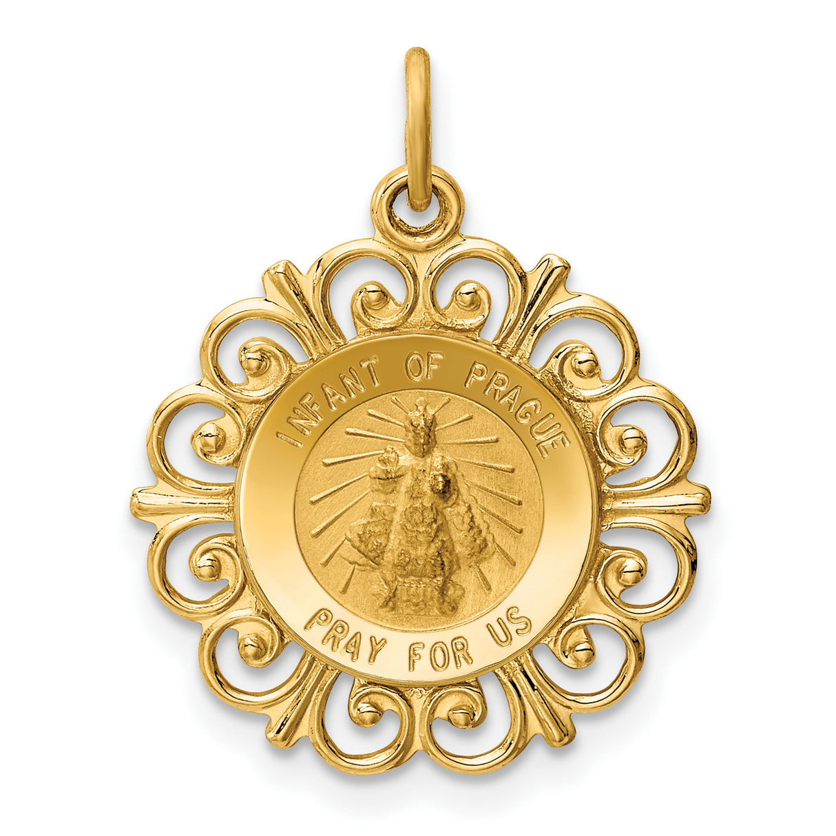 Infant of Prague Pray For Us Words Round Medal Charm Pendant in Real 14k Yellow Gold