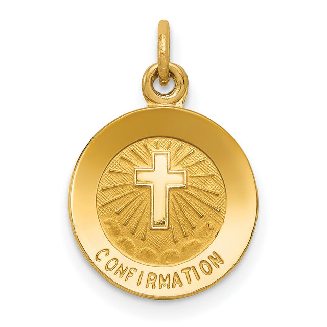 Latin Cross and Confirmation Word Solid Round Medal Charm Pendant in Real 14k Yellow Gold