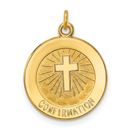 Latin Cross and Confirmation Word Solid Round Medal Charm Pendant in Real 14k Yellow Gold