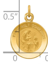 First Holy Communion Words and Religious Figures Solid Round Charm Pendant in Real 14k Yellow Gold