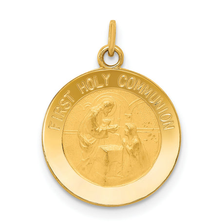 Jesus First Holy Communion Words Solid Round Medal Charm Pendant in Real 14k Yellow Gold