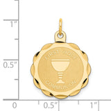 First Holy Communion Words and Chalice Cup Round Disc Charm Pendant in Real 14k Yellow Gold