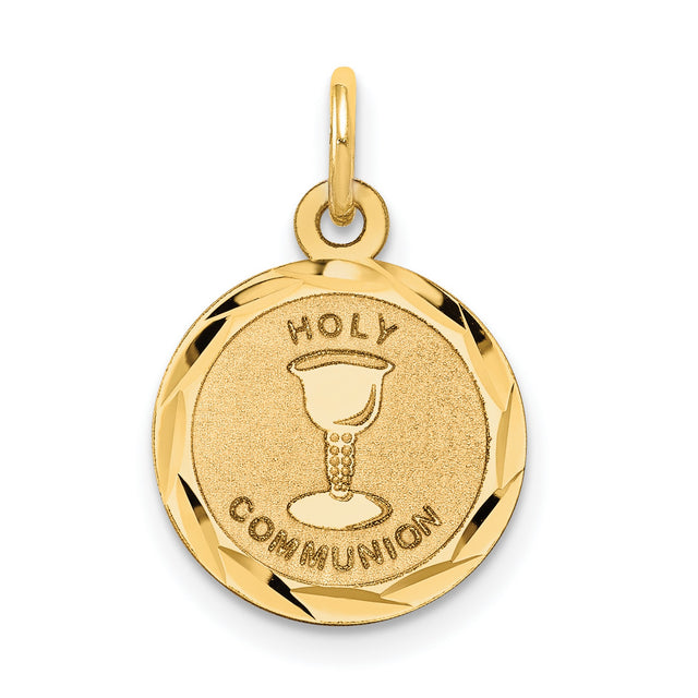 Holy Communion Words and Chalice Cup Round Medal Charm Pendant in Real 14k Yellow Gold