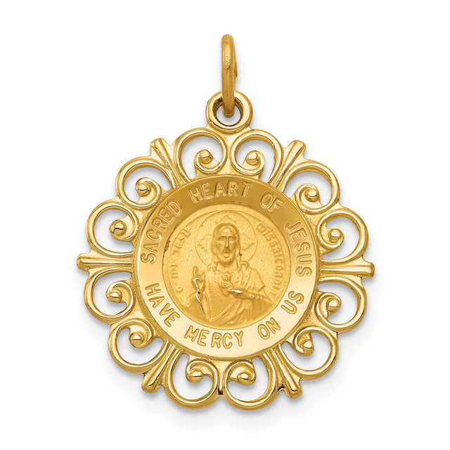 Solid Sacred Heart of Jesus Have Mercy Us Words Fancy Border Charm Pendant in Real 14k Yellow Gold