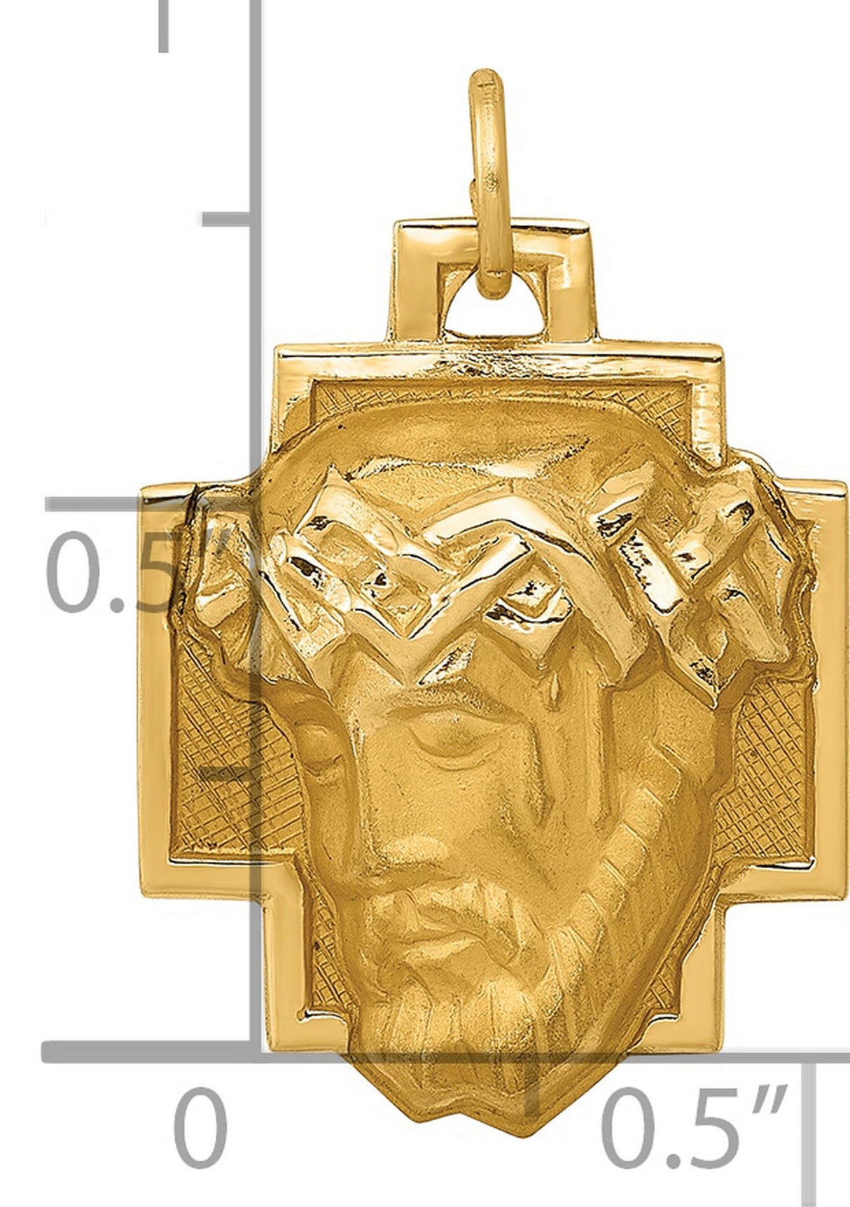 14k Yellow Gold Jesus Head Cross Pendant with Crown of Thorns and Textured Backdrop