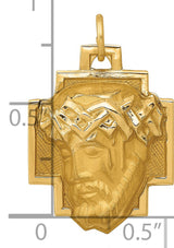 14k Yellow Gold Jesus Head Cross Pendant with Crown of Thorns and Textured Backdrop