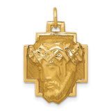 14k Yellow Gold Jesus Head Cross Pendant with Crown of Thorns and Textured Backdrop