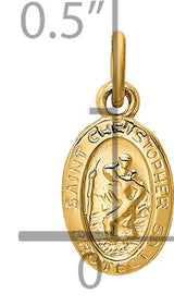 Saint Christopher Protect Us Words Solid Oval Charm Pendant in Real 14k Yellow Gold