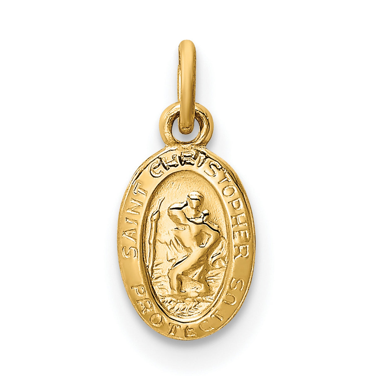 Saint Christopher Protect Us Words Solid Oval Charm Pendant in Real 14k Yellow Gold