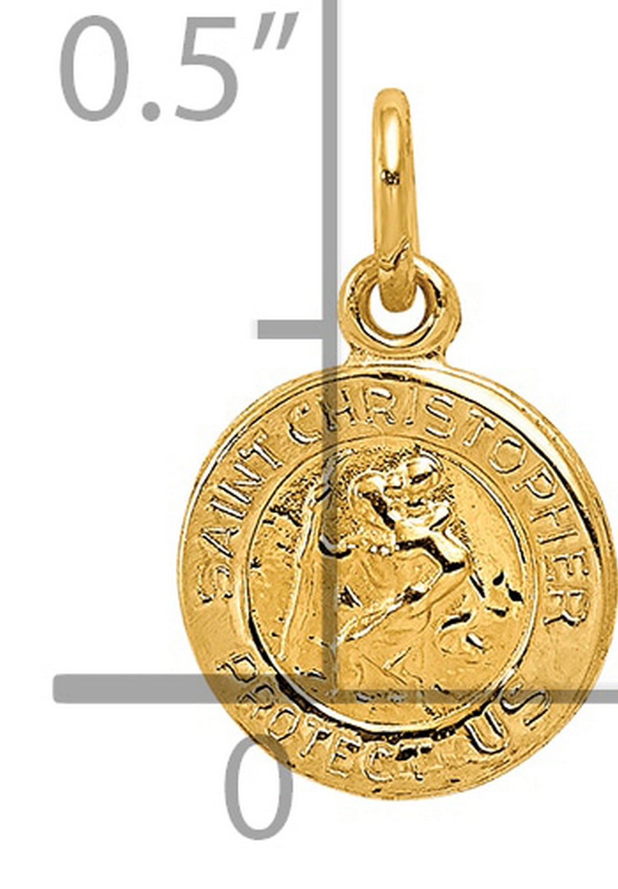 Mini Saint Christopher Protect Us Words Solid Round Medal Charm Pendant in Real 14k Yellow Gold