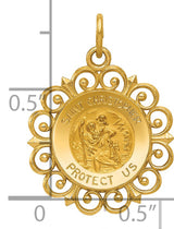 Saint Christopher Protect Us Words Round Ornate Border Medal Charm Pendant in Real 14k Yellow Gold