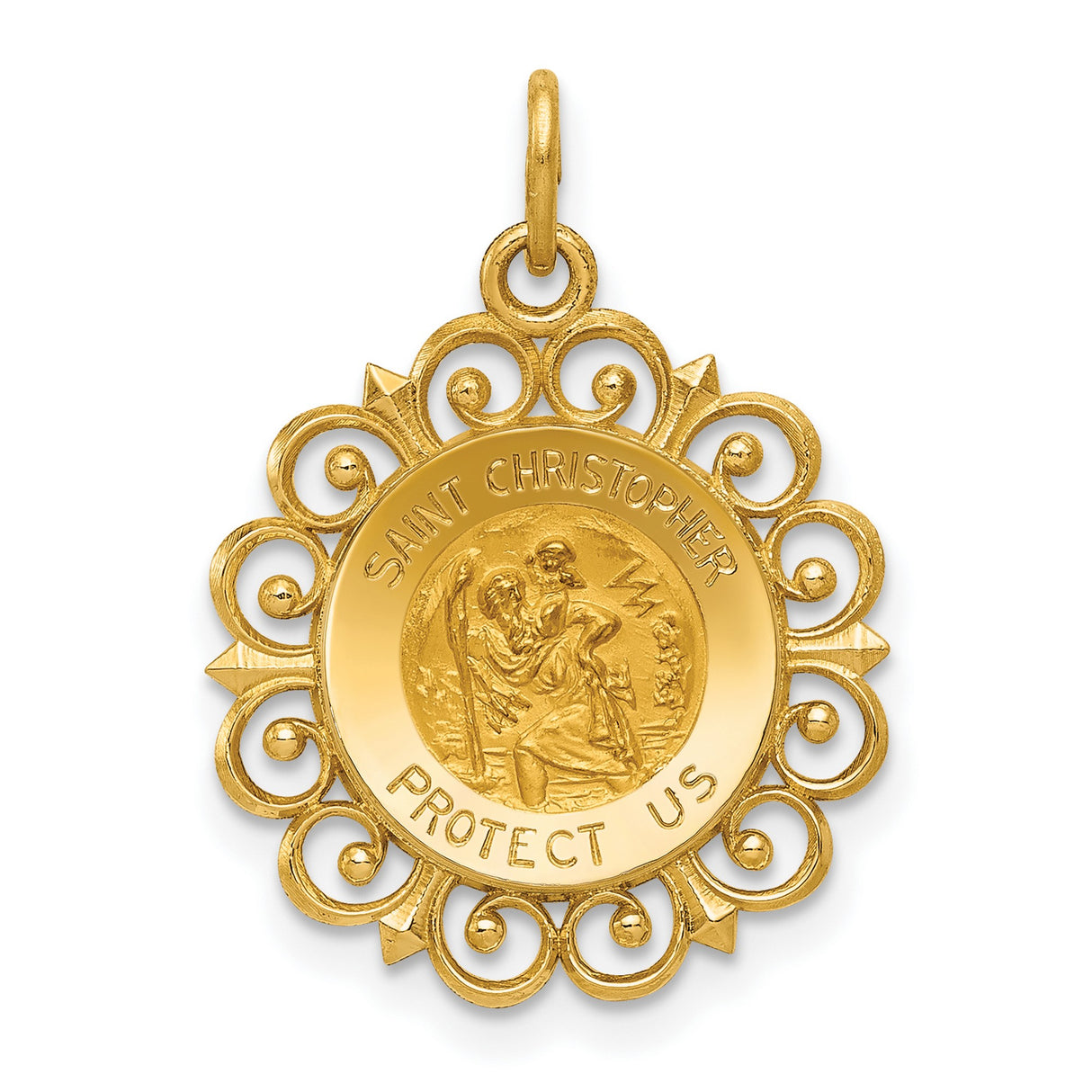 Saint Christopher Protect Us Words Round Ornate Border Medal Charm Pendant in Real 14k Yellow Gold