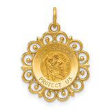 Saint Christopher Protect Us Words Round Ornate Border Medal Charm Pendant in Real 14k Yellow Gold