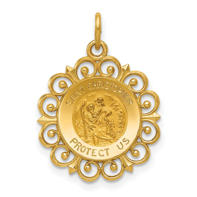 Saint Christopher Protect Us Words Round Ornate Border Medal Charm Pendant in Real 14k Yellow Gold