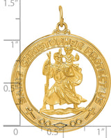 Saint Christopher Protect Us Words Open Round Charm Pendant in Real 14k Yellow Gold