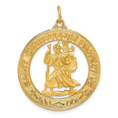 Saint Christopher Protect Us Words Open Round Charm Pendant in Real 14k Yellow Gold