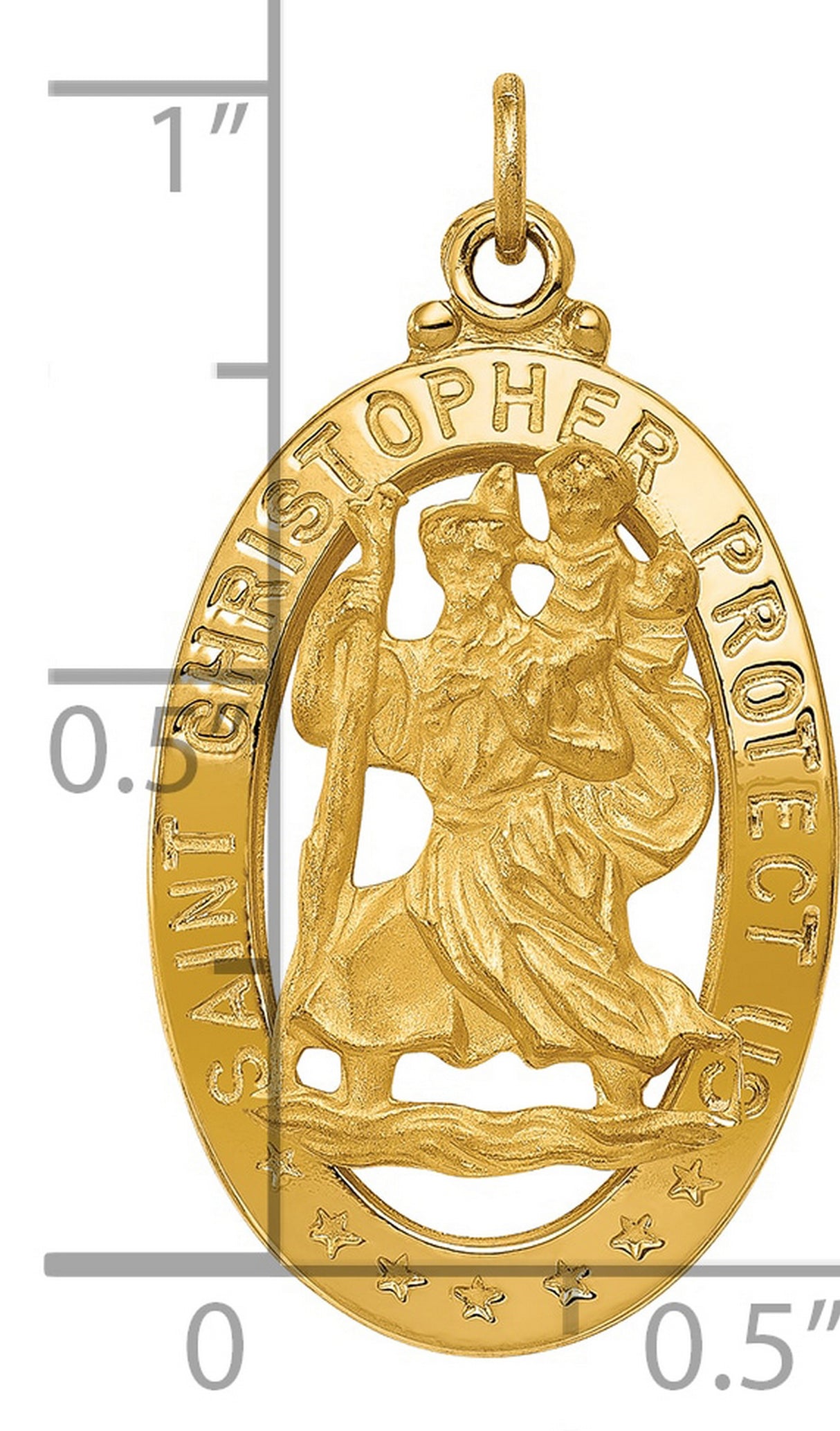 Saint Christopher Protect Us Words Open Oval Medal Charm Pendant in Real 14k Yellow Gold