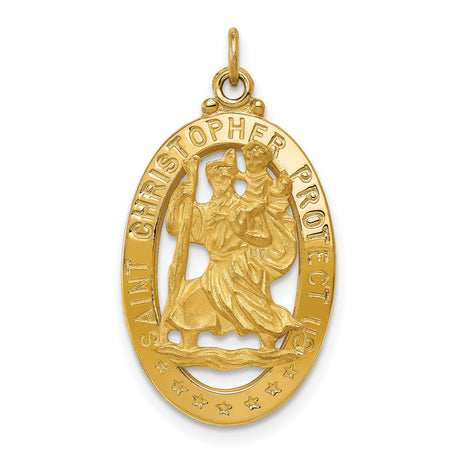 Saint Christopher Protect Us Words Open Oval Medal Charm Pendant in Real 14k Yellow Gold