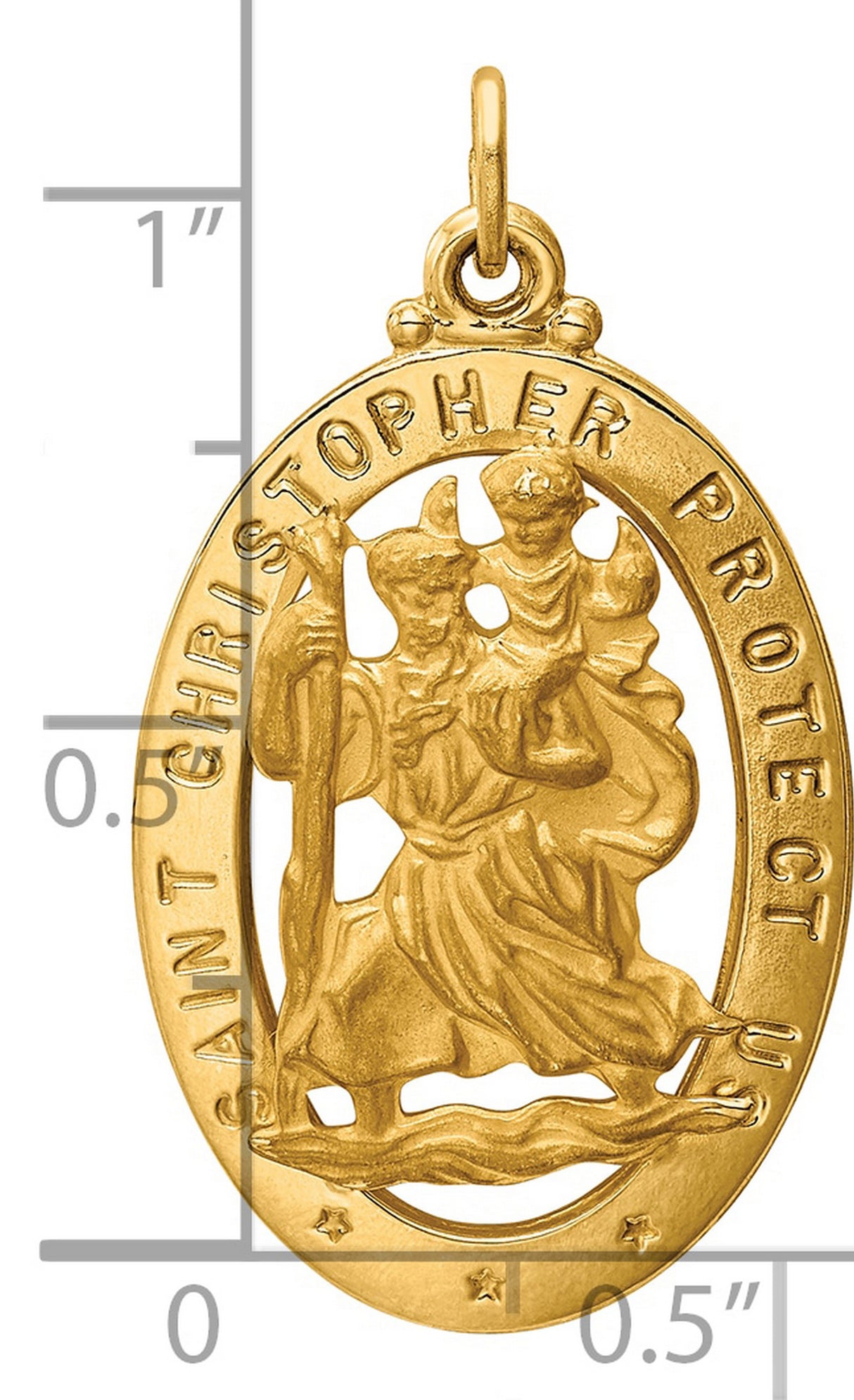 Saint Christopher Protect Us Words Open Oval Medal Charm Pendant in Real 14k Yellow Gold