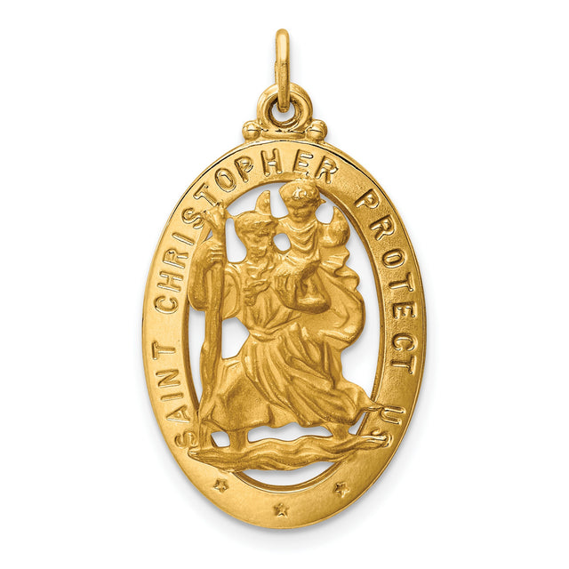 Saint Christopher Protect Us Words Open Oval Medal Charm Pendant in Real 14k Yellow Gold