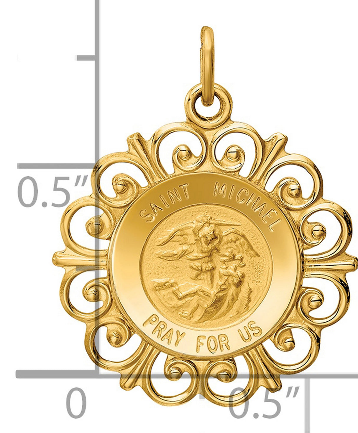 Saint Michael Pray For Us Words Round Medal With Decorative Border Charm Pendant in Real 14k Yellow Gold