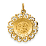 Saint Michael Pray For Us Words Round Medal With Decorative Border Charm Pendant in Real 14k Yellow Gold