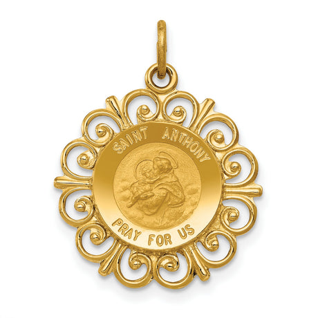 Saint Anthony Pray For Us Words with Flower Border Charm Pendant in Real 14k Yellow Gold